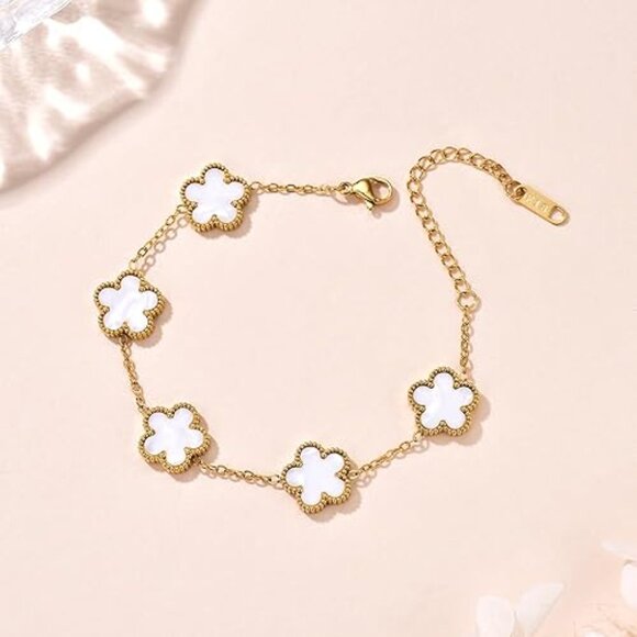 Neiman Marcus 18K Gold-Plated Pearl White Four Leaf Clover Bracelet - Picture 3 of 4